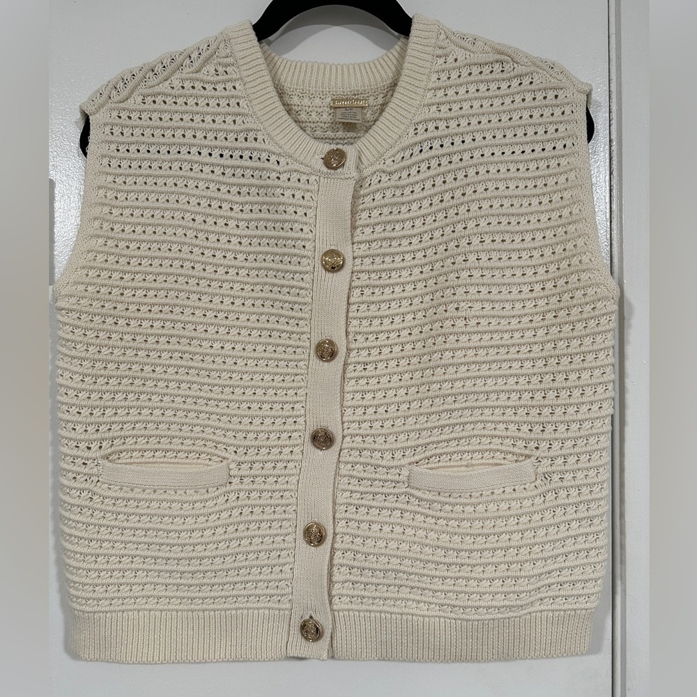 MAGASCHONI CREAM Ivory TEXTURED KNIT SWEATER VEST SLEEVELESS CARDIGAN SIZE Small
